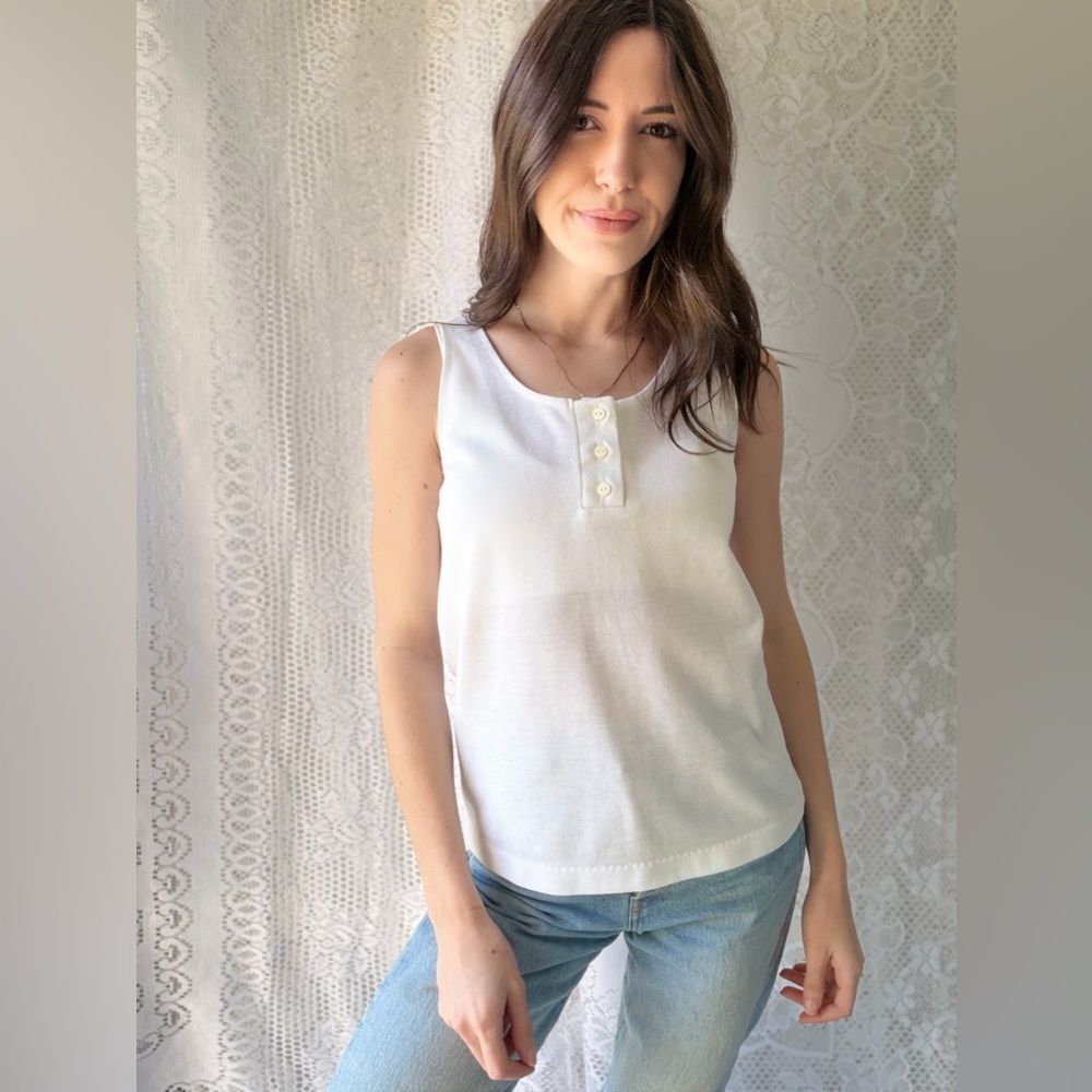 Vintage White Henley Tank Top 80s Made In USA - Picture 11 of 16